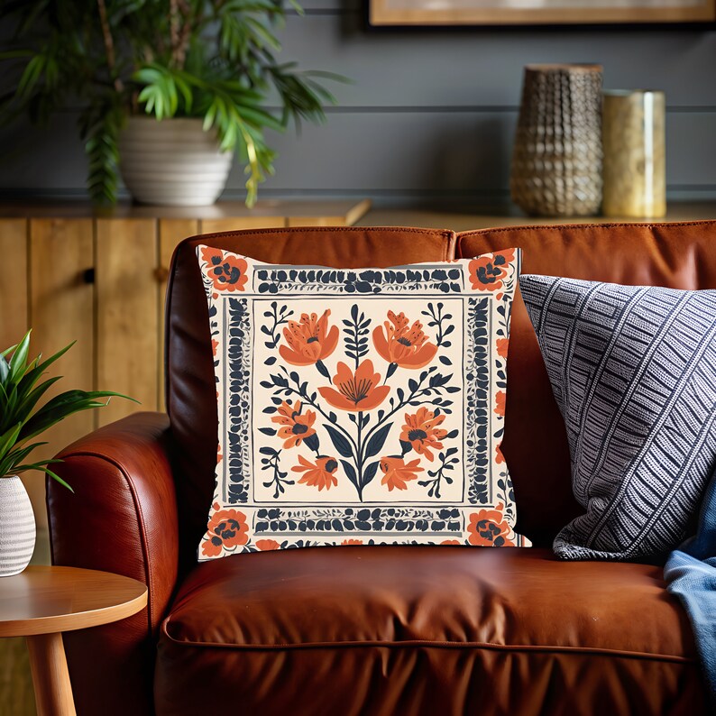 Blommig lantlig kudde med folkkonst örngott bondgårdsblommor accessoarkudde söt inflyttningspresent boho prydnadskudde säsongsbetonad höstkudde bild 2