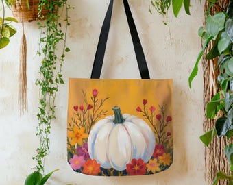 Fall White Pumpkin Tote Autumn Pumpkin and Wildflower Reusable Bag Fall Teacher Tote Bag Trendy Fall Tote Hip Halloween Gift for her