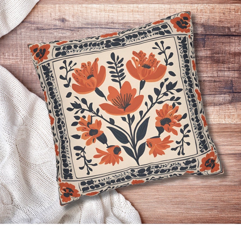 Blommig lantlig kudde med folkkonst örngott bondgårdsblommor accessoarkudde söt inflyttningspresent boho prydnadskudde säsongsbetonad höstkudde bild 3