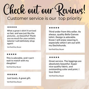 May include: Five customer reviews for an Etsy shop. Each review is a five-star rating with a short description. The reviews highlight the quality of the products and the excellent customer service.