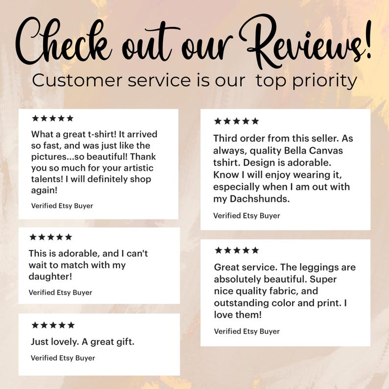May include: Five customer reviews for an Etsy shop. Each review is a five-star rating with a short description. The reviews highlight the quality of the products and the excellent customer service.