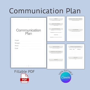 Communication Plan with images of the 5 pages.  100% editable with the Canva logo.  You can customize and brand in Canva free version.  Fillable PDF with a PDF logo. Print and complete OR complete using Adobe Acrobat.