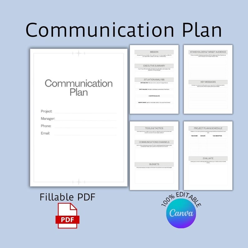 Communication Plan with images of the 5 pages.  100% editable with the Canva logo.  You can customize and brand in Canva free version.  Fillable PDF with a PDF logo. Print and complete OR complete using Adobe Acrobat.
