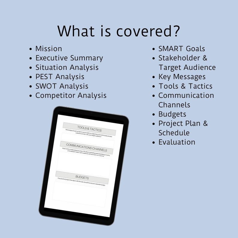 May include: A digital tablet displaying a checklist of items covered in a business plan. The checklist includes items such as mission, executive summary, situation analysis, PEST analysis, SWOT analysis, competitor analysis, SMART goals, stakeholder and target audience, key messages, tools and tactics, communication channels, budgets, project plan and schedule, and evaluation.