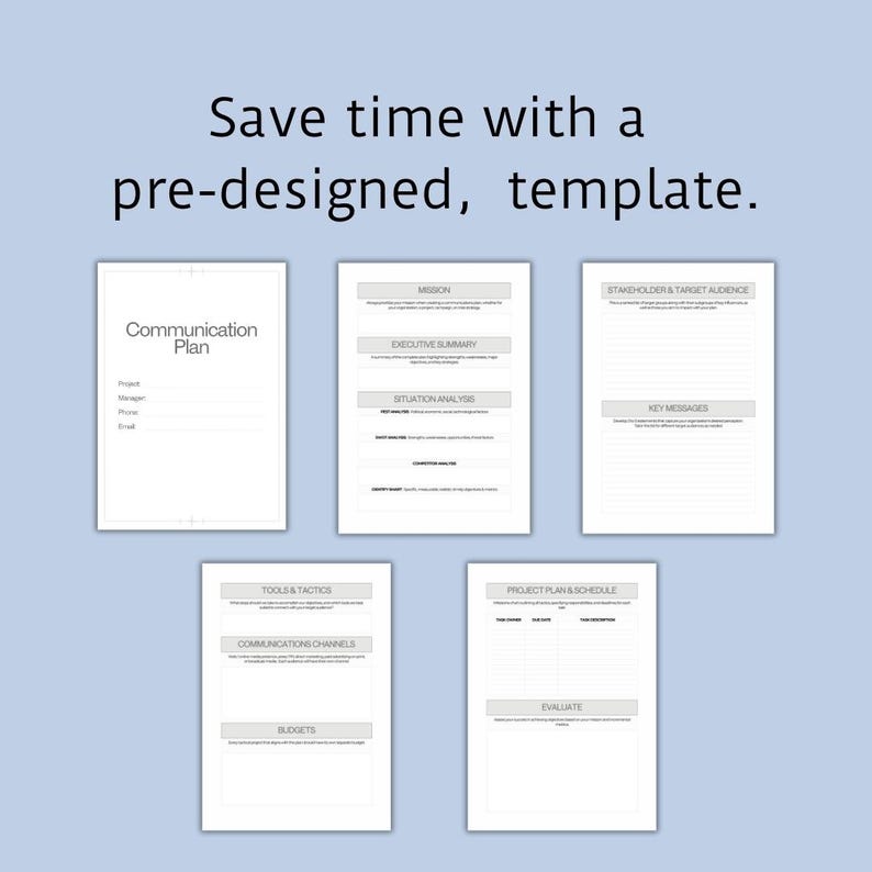 May include: A black and white printable communication plan template with sections for mission, executive summary, situation analysis, stakeholder and target audience, key messages, tools and tactics, communication channels, budget, project plan and schedule, and evaluate.