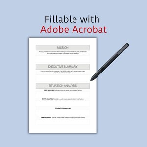 May include: A fillable communication plan template with sections for mission, executive summary, situation analysis, SWOT analysis, competitor analysis, and identifying SMART objectives. The template is designed to be used with Adobe Acrobat.