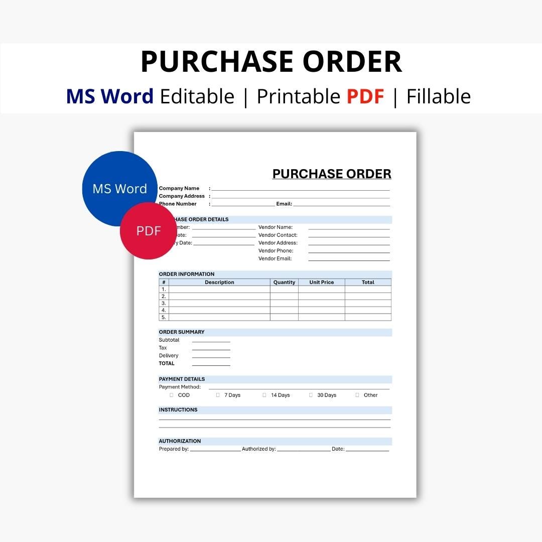 Purchase Order Template, Editable MS Word, Fillable PDF Form - Etsy UK