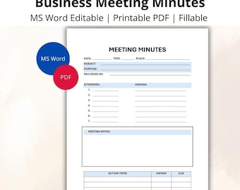 Business Meeting Minutes Template, Project Record, Agenda Notes (MS Word, PDF)