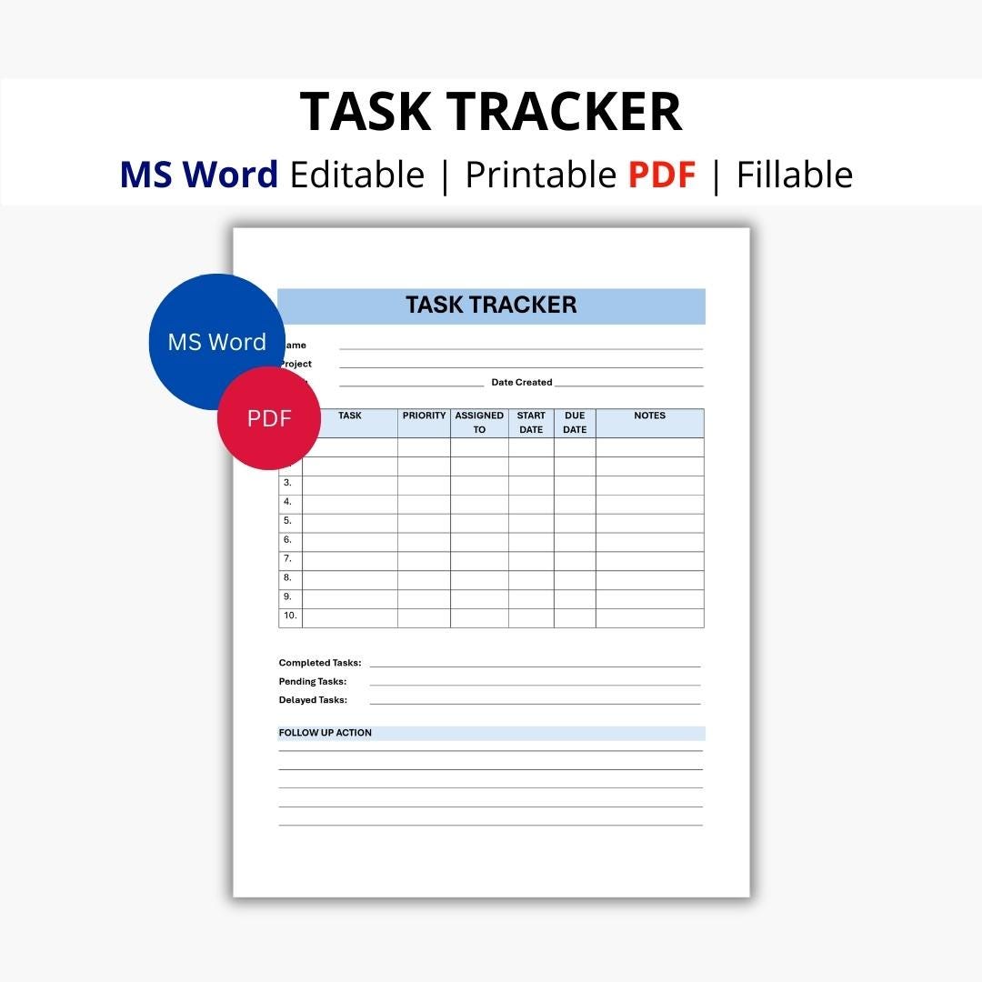 Project Task Tracker Template, Editable MS Word, Printable Action List ...