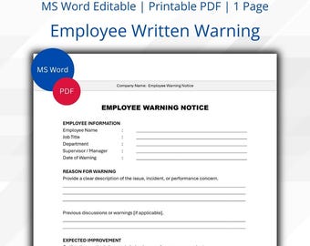 Editable Employee Warning Notice Template | Staff Discipline Form | Employee Performance | MS Word / PDF