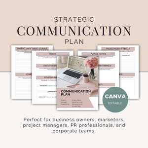 May include: A strategic communication plan template with the title in large, bold text. The image includes a laptop, coffee cup, and pink flowers. The words "CANVA EDITABLE" are in a green circle. The text reads "COMMUNICATION PLAN".