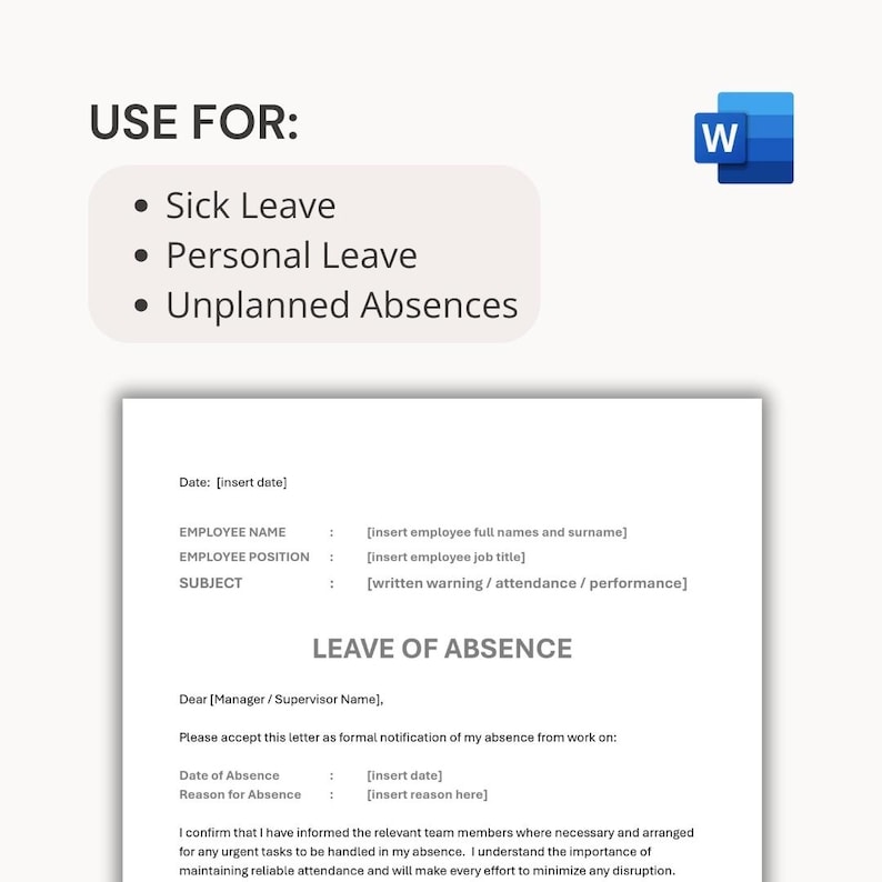 Employee Absence Letter Template – HR Leave Document - Editable MS Word ...