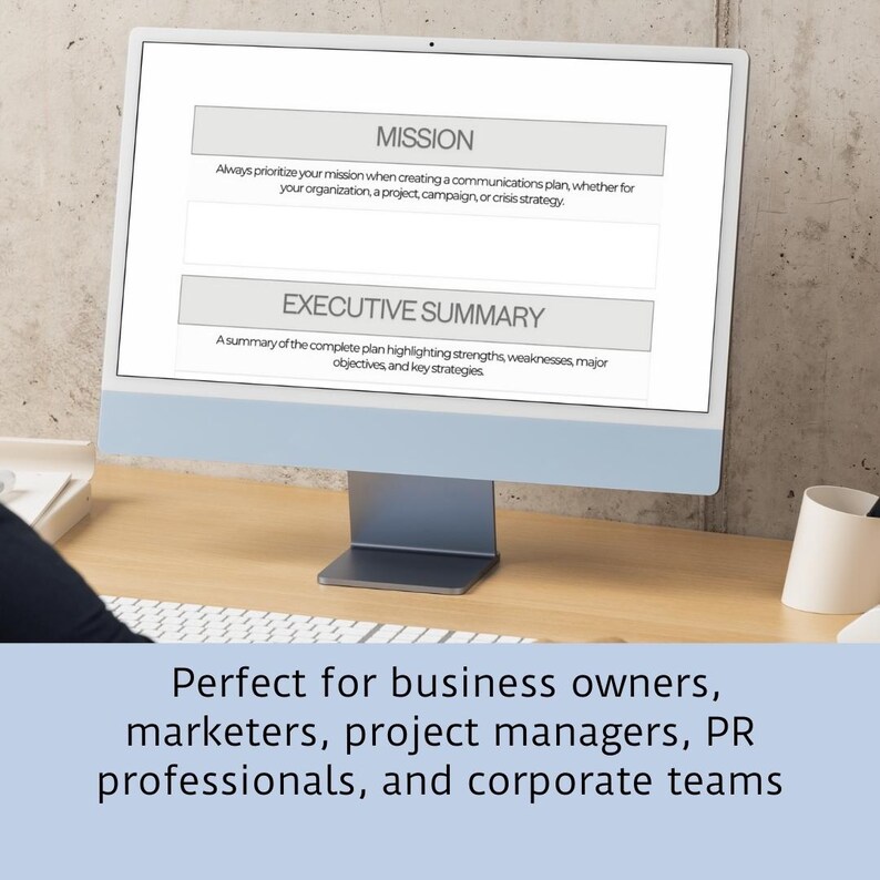 May include: A computer screen displaying a communications plan template with the headings "Mission" and "Executive Summary". The text on the screen reads: "Always prioritize your mission when creating a communications plan, whether for your organization, a project, campaign, or crisis strategy." and "A summary of the complete plan highlighting strengths, weaknesses, major objectives, and key strategies."