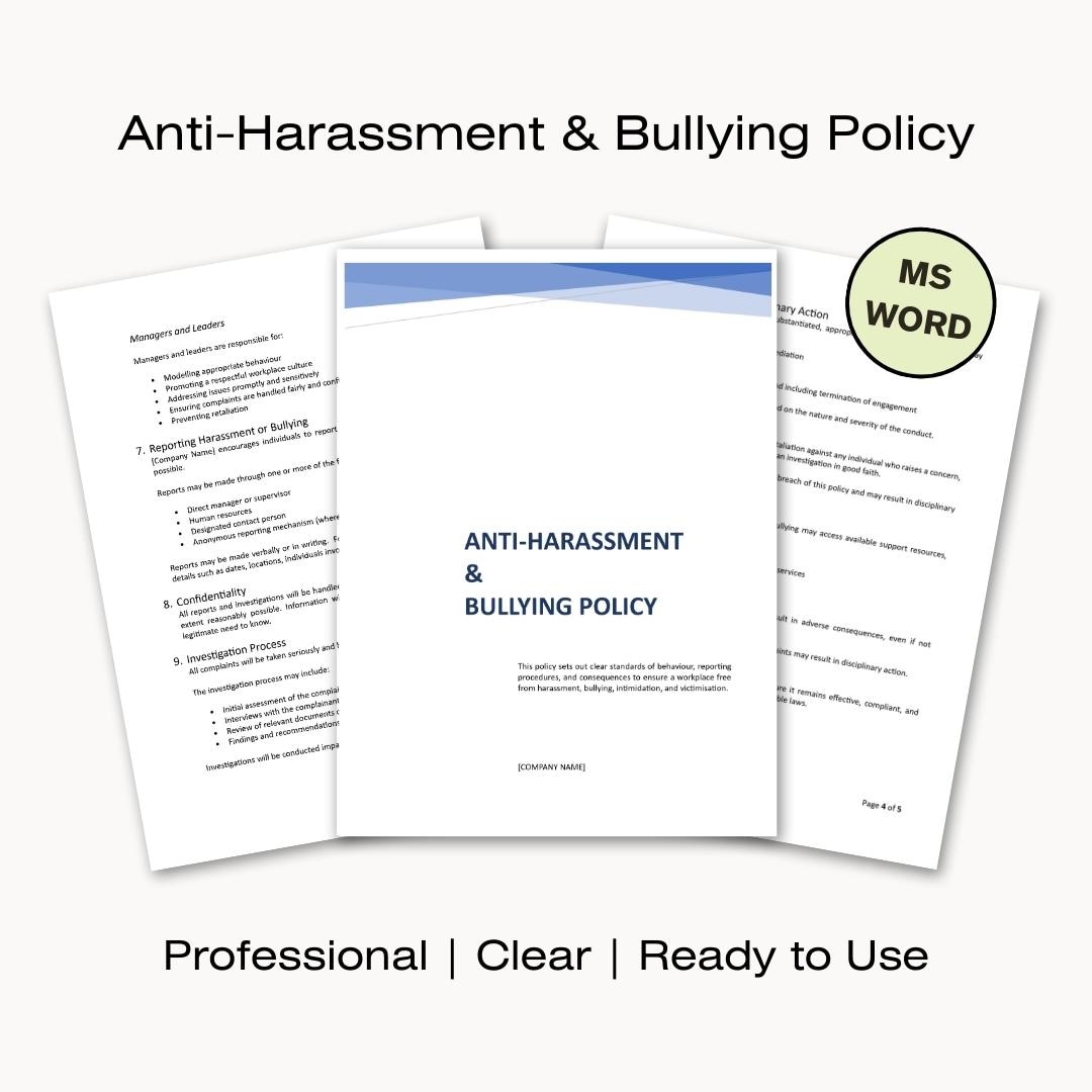 Anti Harassment and Bullying Policy | Editable MS Word Template ...