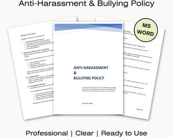 Anti Harassment and Bullying Policy | Editable MS Word Template | Workplace Policy | A4 & US Letter