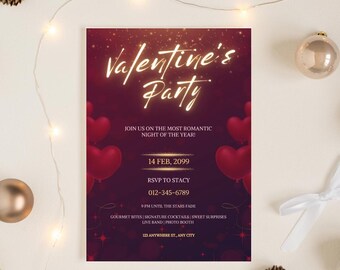 Valentines Party Flyer Invitation, Canva Editable Template, Professional Design