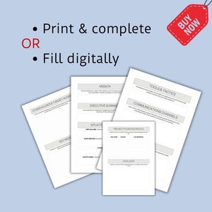 May include: A printable marketing plan template with sections for mission, executive summary, stakeholder and target audience, key messages, situation, project plan and schedule, tools and tactics, communications channels, and evaluate.