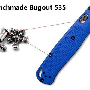 May include: A close-up of a blue Benchmade Bugout 535 pocket knife. The knife has a textured blue handle and a silver blade. The image also shows a pile of small silver screws.
