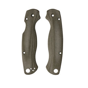 May include: Two green and brown textured knife scales with holes for mounting.