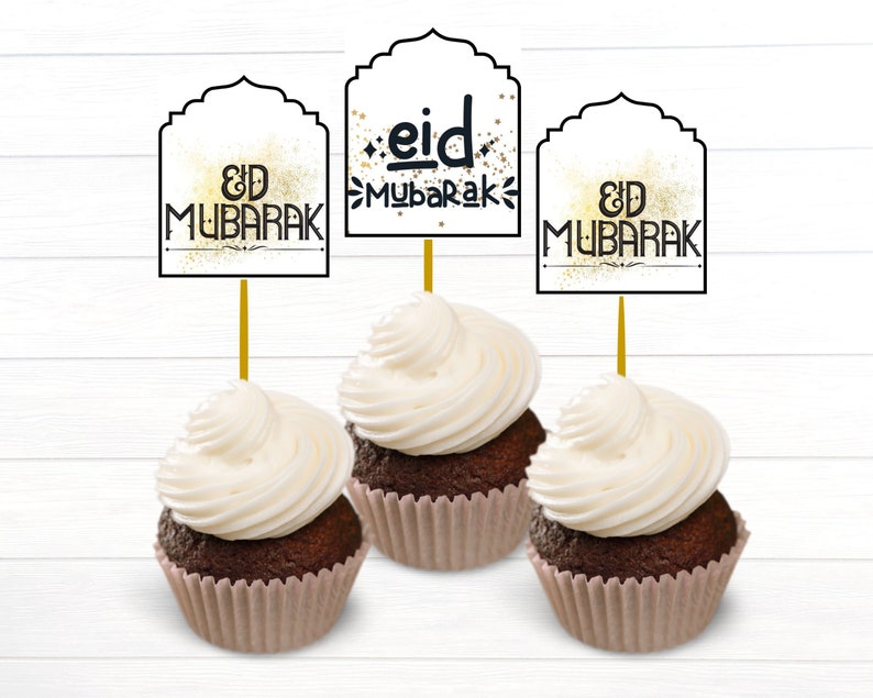 HOWAF 21 Pezzi Decorazioni Festa Eid Mubarak - Topper Per Cupcake Con Glitter Oro - Luna, Stella E Castello - Forniture Ramadan