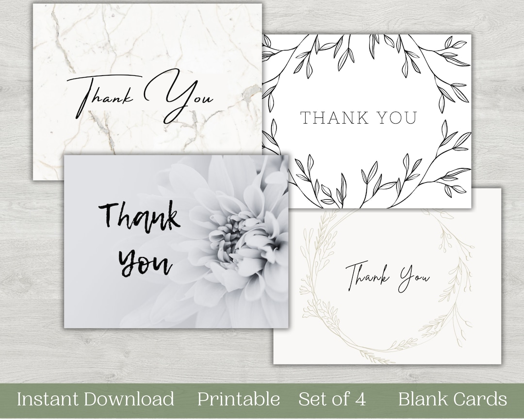 Printable Blank Thank You Cards Modern Minimalist Set of 4 Instant