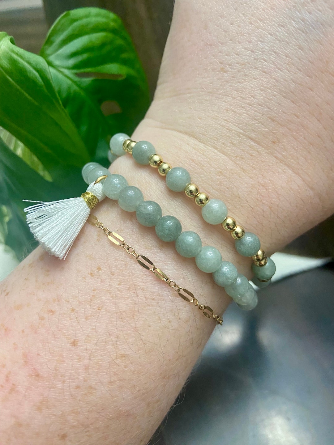Jade Beaded Bracelet Stack, 7in,tassel Charm, 14k Gold Plated, Boho