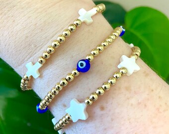 14k Gold Plated Beaded Station Bracelet, 7.5in, Evil Eye, Natural Shell Cross & Star , Handmade Stretch, Gift for Her, Simple Bracelet