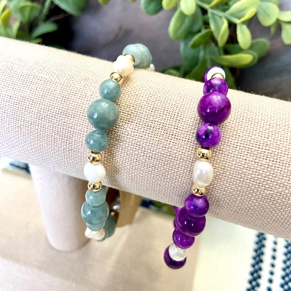 Natural Gemstone & Pearl Beaded Bracelet with 14k Gold Plated Accents, 8in, Handmade, Stretch, Gift for Her, Gift for Mom