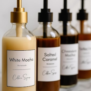 Afdrukbare koffiesirooplabels: 5 maten, Mystic Design (bundel met bewerkbare sjabloon)