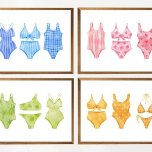 Beach house decor SET OF 4, watercolor swimsuit print, coastal granddaughter art, bathing suit prints, beach nursery decor, pool house decor