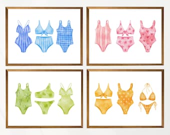 Watercolor Swimsuit Art Print Set, Coastal Beach House Decor (Digital Download)