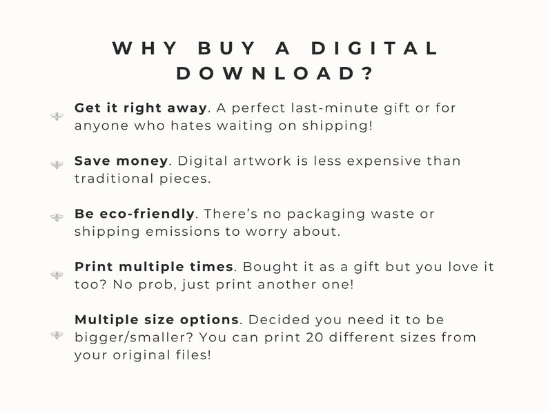 May include: A cream-coloured graphic with black text. The text asks "WHY BUY A DIGITAL DOWNLOAD?" and lists benefits like instant access, cost savings, and being eco-friendly. The graphic is designed to promote digital downloads.