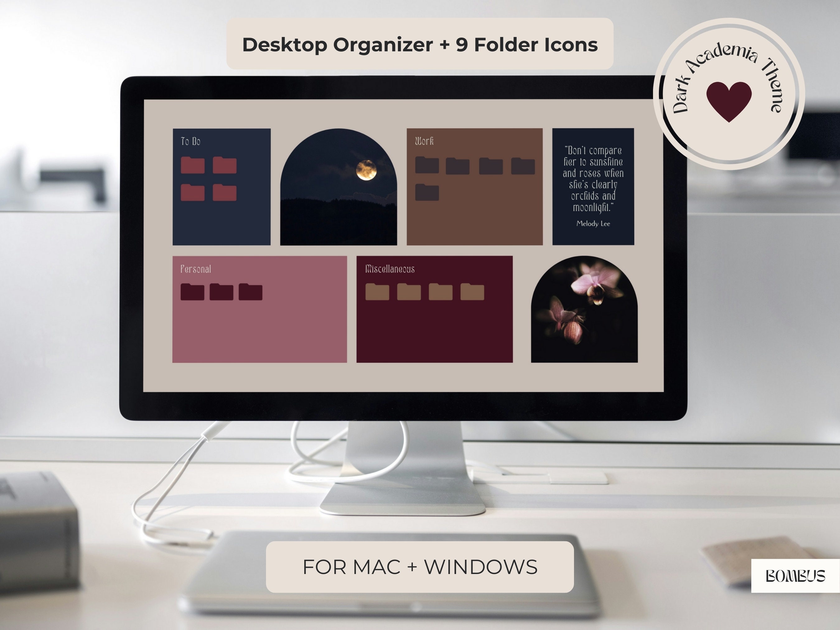 Dark Academia Desktop Wallpaper Organizer met mappictogrammen (digitale download)