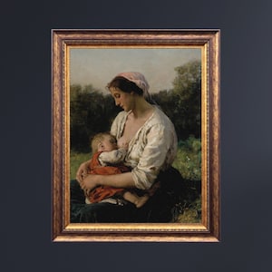 Breastfeeding Art Print: Vintage Mother and Child Oil Painting (Digital Download)