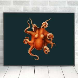Dark academia animal art print, octopus artwork, octopus art painting