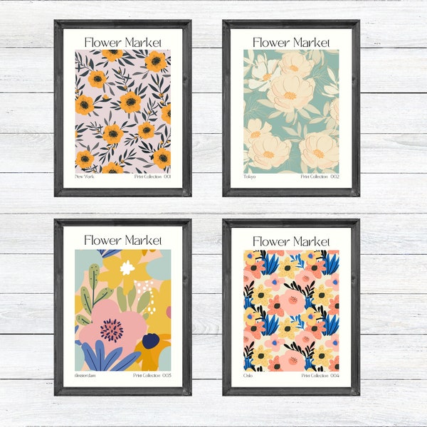 Flower market print set of 4, flower market bundle, botanical art work, oslo poster, tokyo flower market, preppy room decor