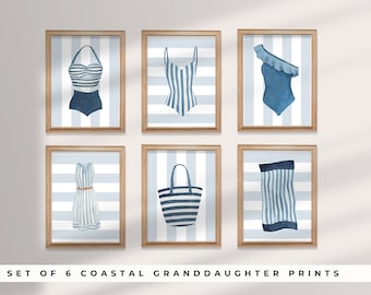 Coastal Granddaughter art print SET OF 6, vintage bathing suit art, navy swimsuit art, watercolor swimsuit, East Coast print set