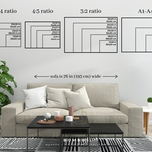 May include: A living room scene with a beige sofa, black coffee table, and patterned rug. The wall shows artwork size options in ratios, including 51x41 cm and 91x61 cm. The sofa is 193 cm wide.