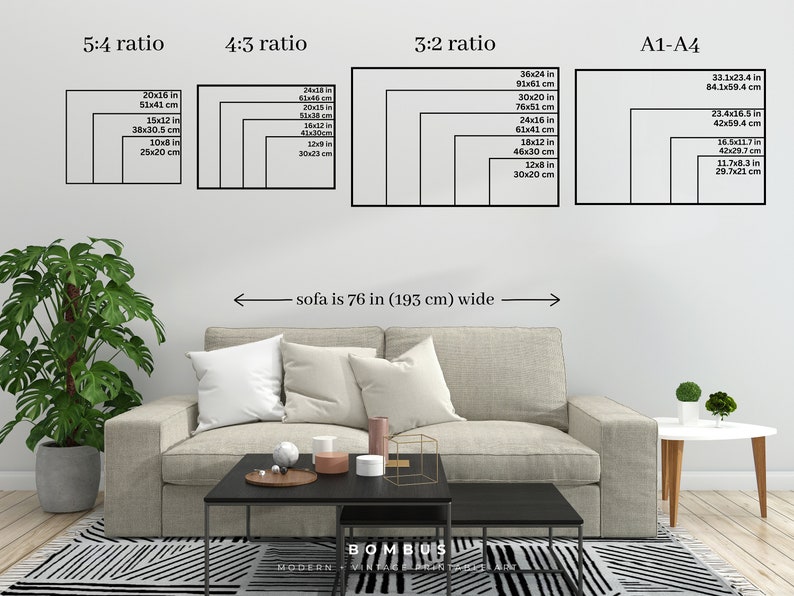 May include: A living room scene with a beige sofa, black coffee table, and patterned rug. The wall shows artwork size options in ratios, including 51x41 cm and 91x61 cm. The sofa is 193 cm wide.