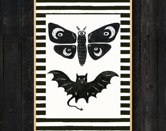 Gothic Moth & Bat Art Print: Spooky Halloween Wall Decor (Digital Download)
