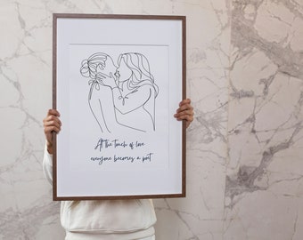 Impresión de arte lineal lésbico, arte lineal wlw, arte sáfico, arte queer, boda lésbica, arte lineal de pareja, regalo de boda gay