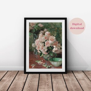 Pink roses print perfect for coquette room decor or light academia, vintage oil painting, coquette digital print, Victorian aesthetic