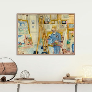 May include: A painting of a man in a blue suit standing in an art studio. He is holding a paintbrush and a palette. There are easels and other art supplies in the background.