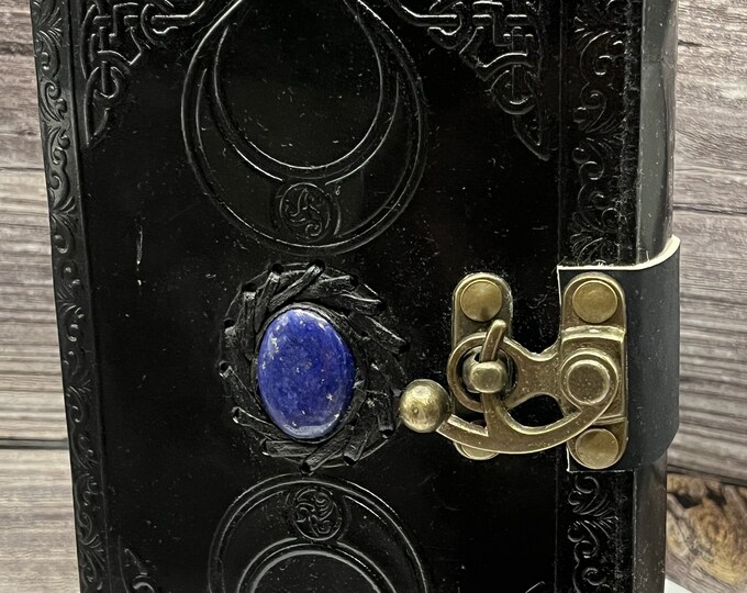 Black Mystic Crescent Moon Embossed Leather Journal With Blue Center ...