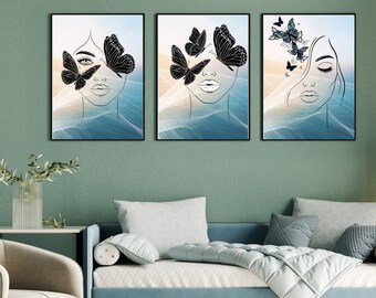 Butterfly Girl Line Art Prints – Minimalist Woman's Face, Set of 3 (Digital Download)