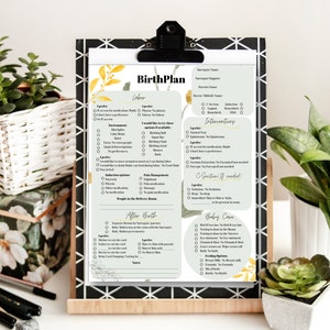 May include: A printable birth plan checklist with sections for labor, interventions, after birth, and baby care. The checklist includes options for pain management, environment, and feeding preferences.