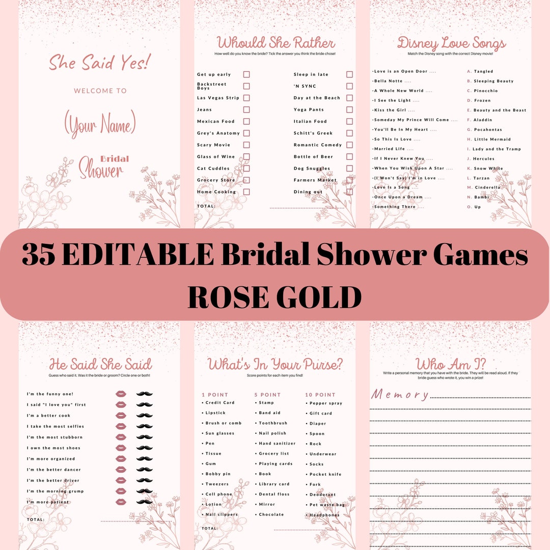 Editable Bridal Shower Games Rose Goldprintable Bridal Shower Etsy