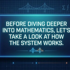 K&ouml;nnte beinhalten: Digitale Grafik mit blauem Gitterhintergrund und mathematischen Symbolen. Ein leuchtendes blaues Rechteck enth&auml;lt den Text: "BEVOR WIR TIEFER IN DIE MATHEMATIK EINTAUCHEN, LASSEN SIE UNS EINEN BLICK DARAUF WERFEN, WIE DAS SYSTEM FUNKTIONIERT."