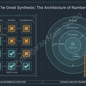 K&ouml;nnte beinhalten: Ein technisches Diagramm mit dem Titel "Die Gro&szlig;e Synthese: Die Architektur der Zahlen" mit dunkelblauem Hintergrund. Es zeigt mathematische Konzepte, Diagramme und Text, einschlie&szlig;lich "Nat&uuml;rliche", "Ganze", "Rationale" und "Reelle" Zahlen.