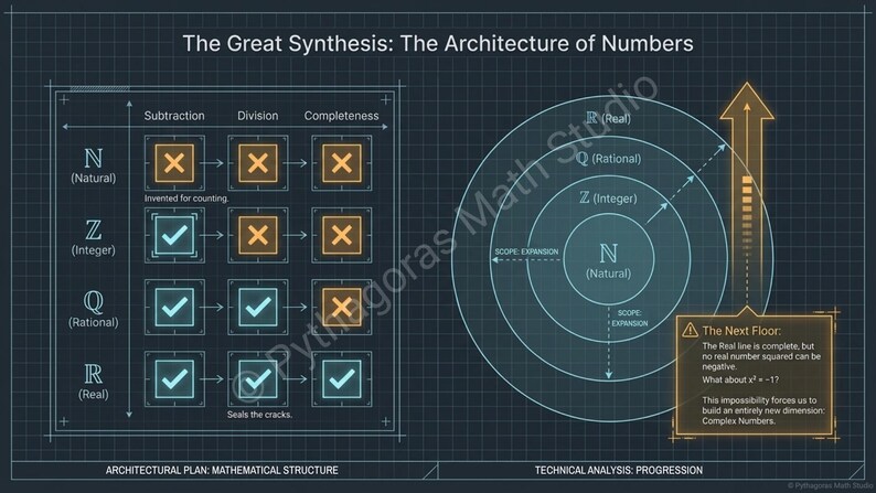 K&ouml;nnte beinhalten: Ein technisches Diagramm mit dem Titel "Die Gro&szlig;e Synthese: Die Architektur der Zahlen" mit dunkelblauem Hintergrund. Es zeigt mathematische Konzepte, Diagramme und Text, einschlie&szlig;lich "Nat&uuml;rliche", "Ganze", "Rationale" und "Reelle" Zahlen.